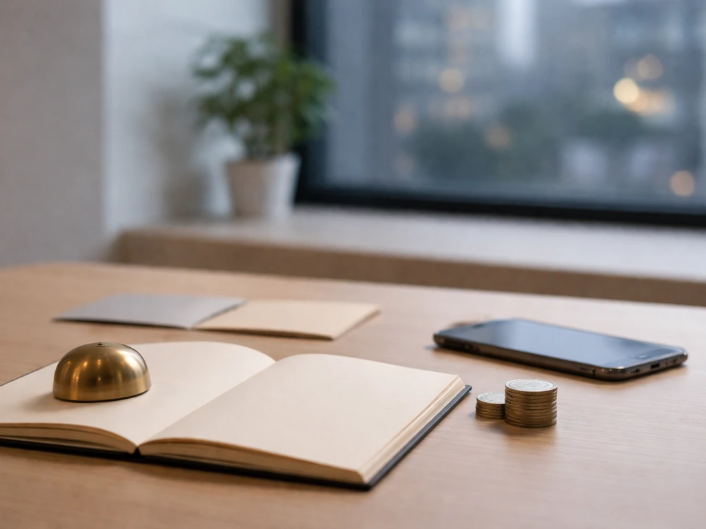Minimal office desk with blank notebook, coins, and window light suggesting uncertain business valuation range.