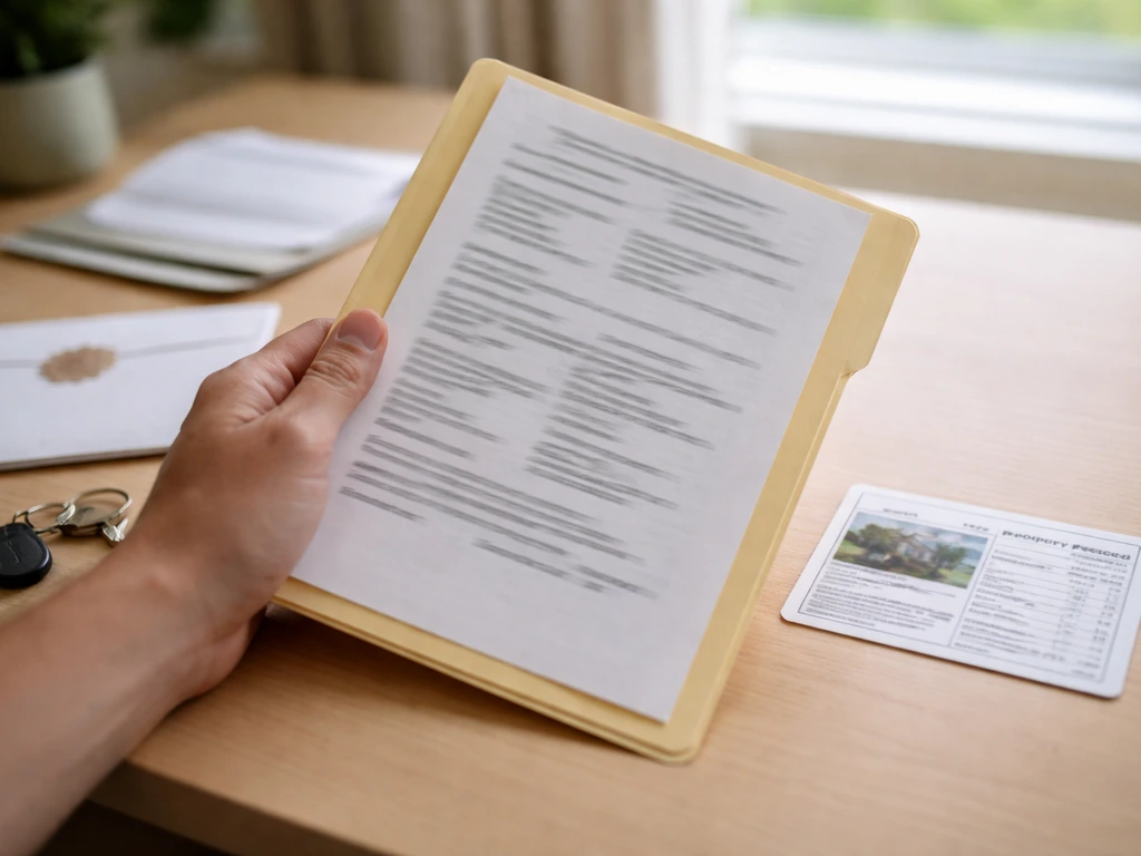 Hand holding a folder with blurred registry documents and a small property record card on a desk