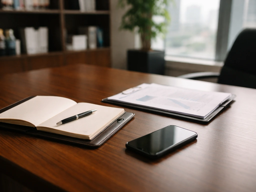 Executive-style office desk with briefing materials and a glass of water, suggesting consumer products leadership