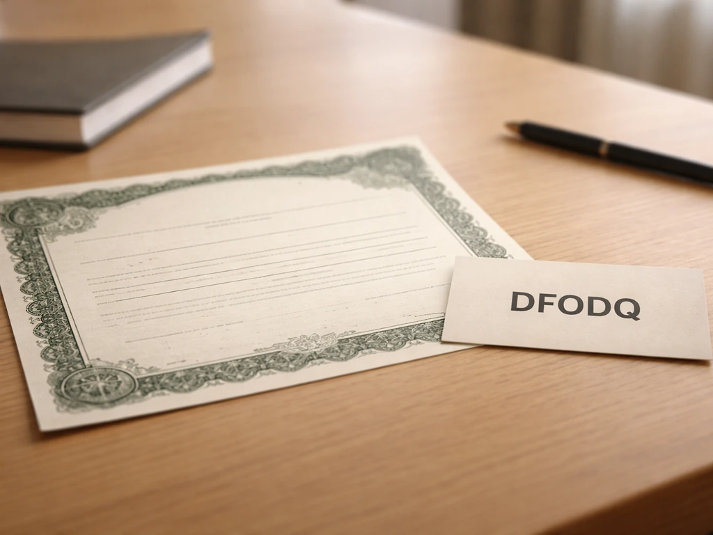 Close-up of an anonymous share certificate with a small DFODQ-style card nearby on a clean desk.