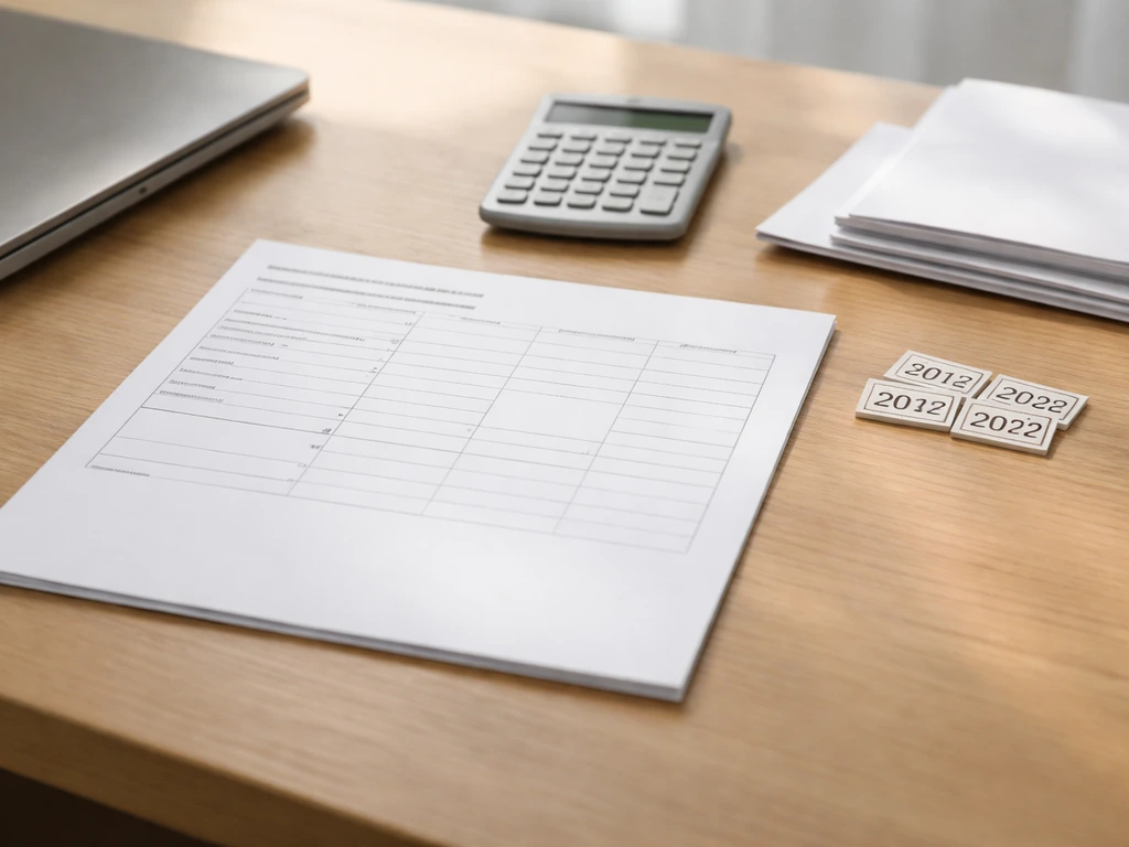 Calculator and mock compensation statement on a desk with small stamped year date slips suggesting earnings over time