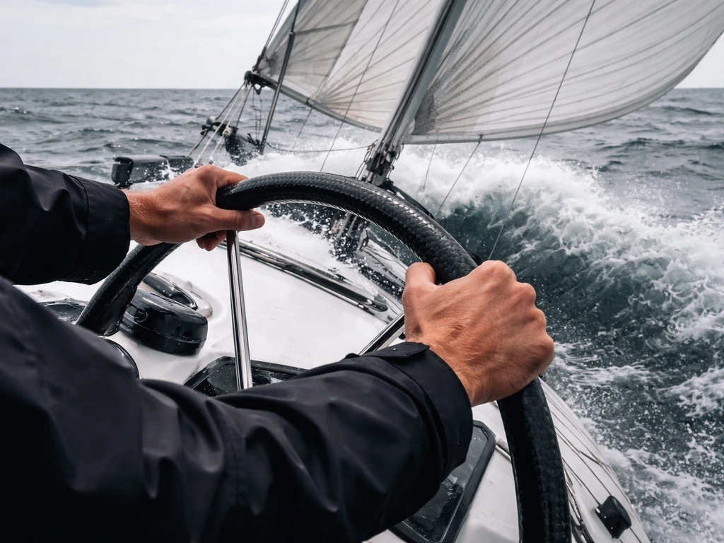 Sailboat helm with dramatic wind and sea spray, evoking an elite New Zealand sailing career.
