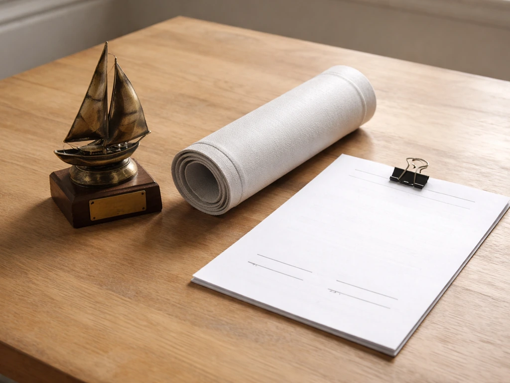 Minimal table scene with a sailing trophy, sponsor material, and blank contract document to symbolize income sources.