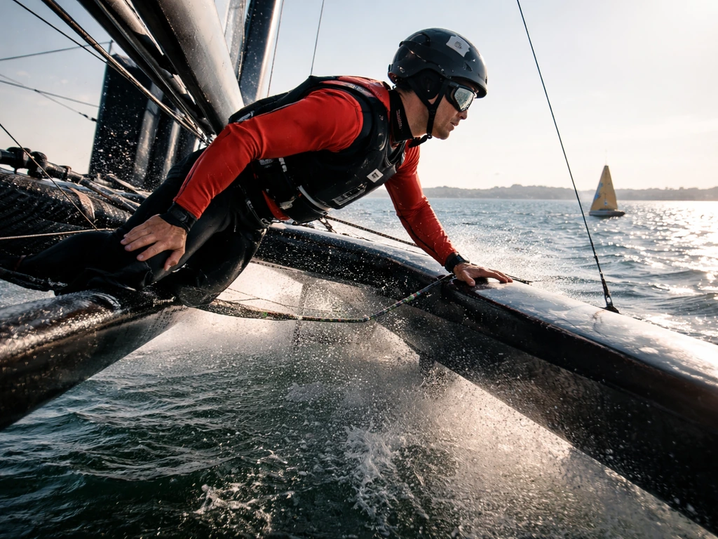 SailGP sailor in a skiff mid-action on choppy water near the sails, New Zealand race vibe