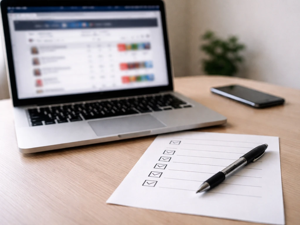 Minimal desk scene with a blurred official website on a laptop and a paper checklist for verification.