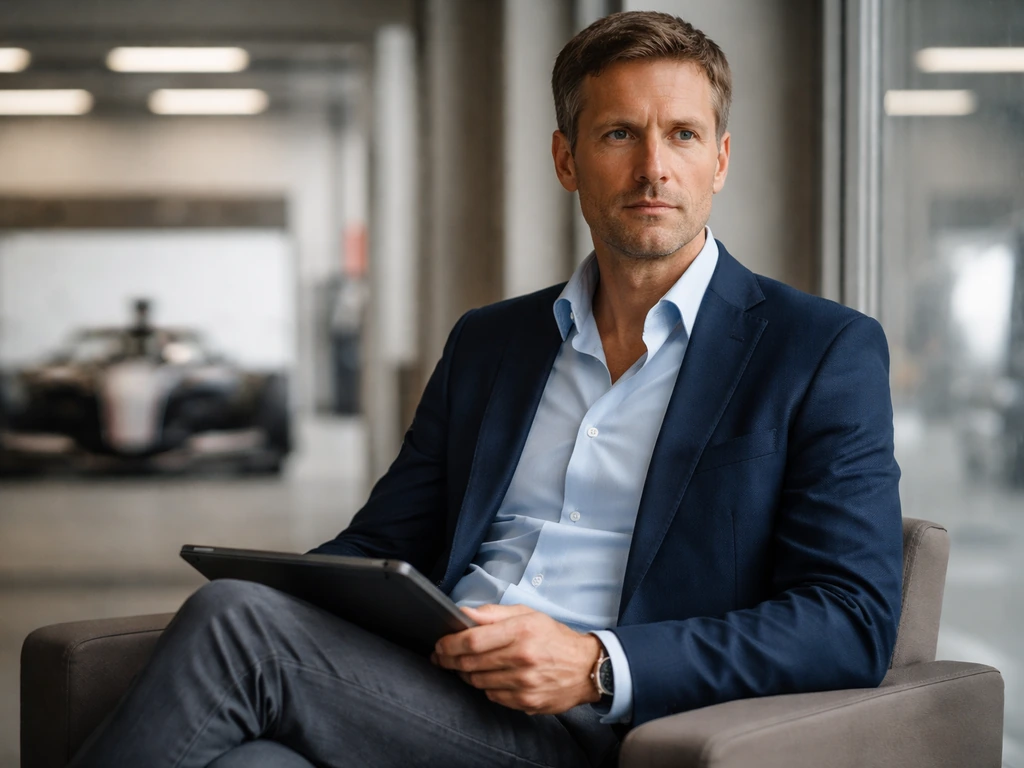 Austrian motorsport executive in a FIA-style garage office with a racing car backdrop, leadership vibe