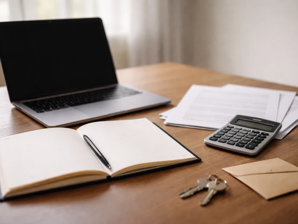 Minimal photo of a laptop and notebook with scattered documents, suggesting back-calculation of finances