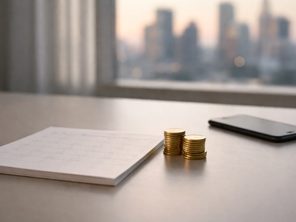 Minimal desk scene with a timeline calendar page, coins, and a blurred city skyline symbolizing wealth growth