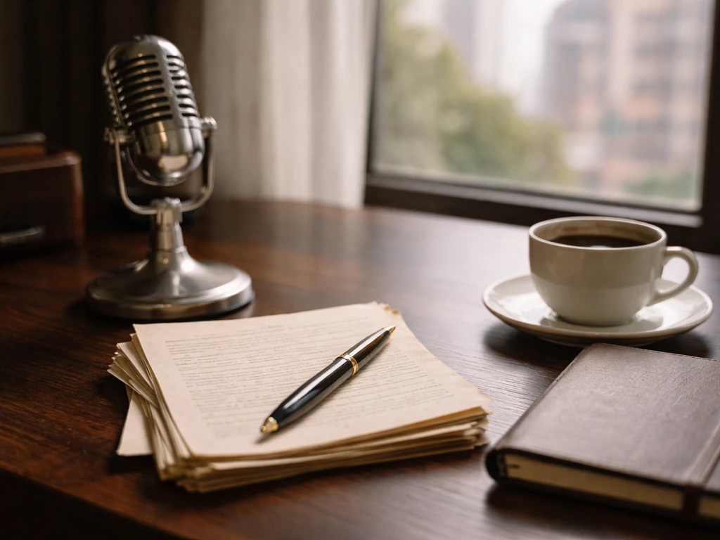 Minimal desk scene with a studio microphone, notes, pen, and coffee symbolizing copywriting and business analysis.