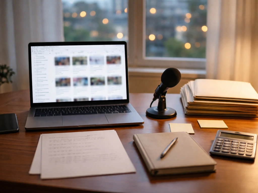 Minimal desk scene with laptop and public-information research props for estimating net worth.