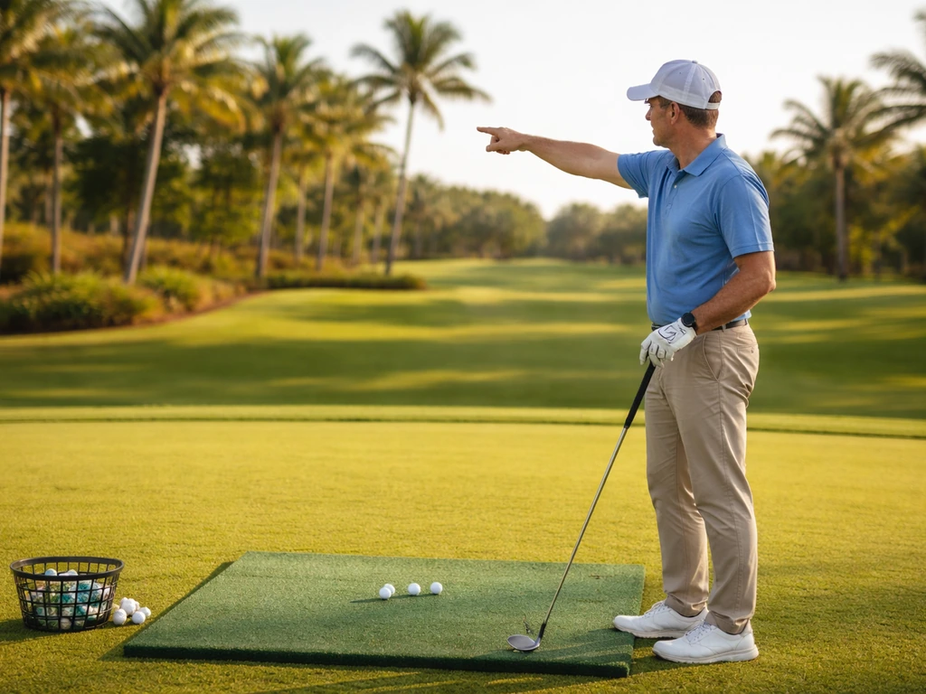 Generic golf instructor demonstrating a swing on a sunny Naples golf course with a club and balls.