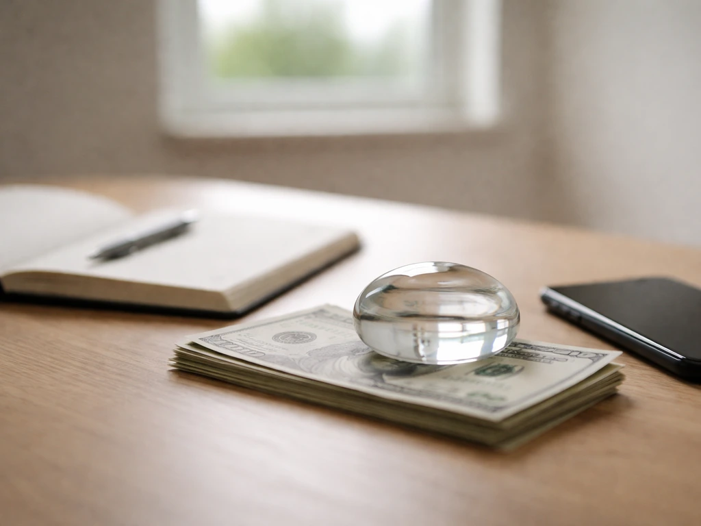 Minimal office desk with dollar bills, a notebook, and a phone—symbolic of net worth estimation.