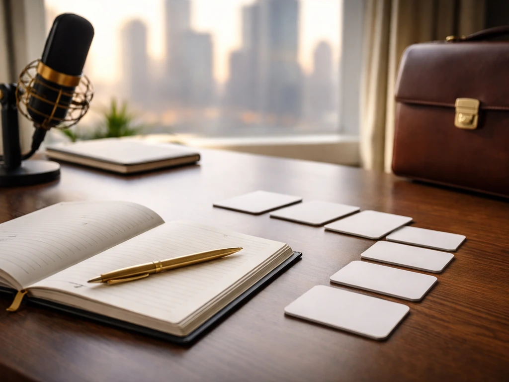 Minimal desk scene with open planner, blank staged cards, microphone, and city view suggesting career wealth growth.