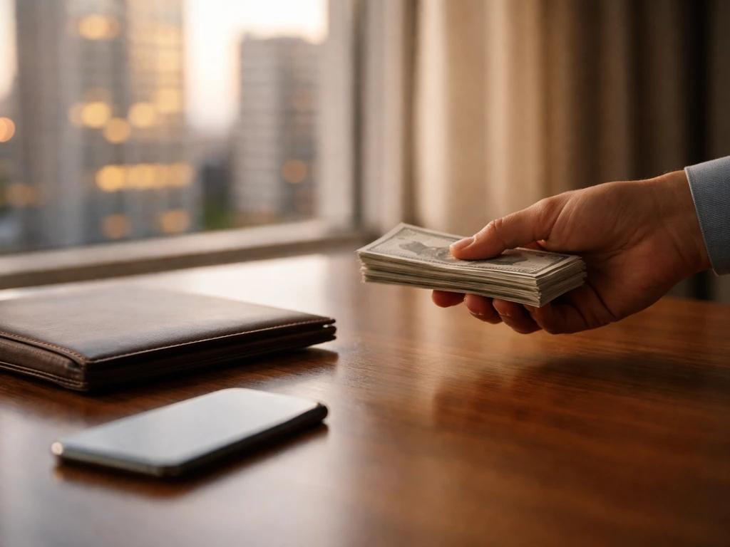 Anonymous hand over a desk with banknotes, a phone and portfolio, blurred office buildings behind