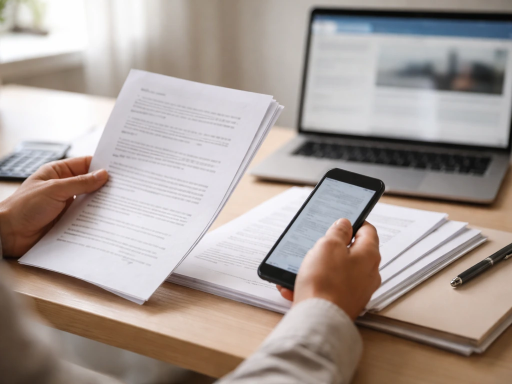 Person at a desk comparing investment paperwork and a laptop with business news sites