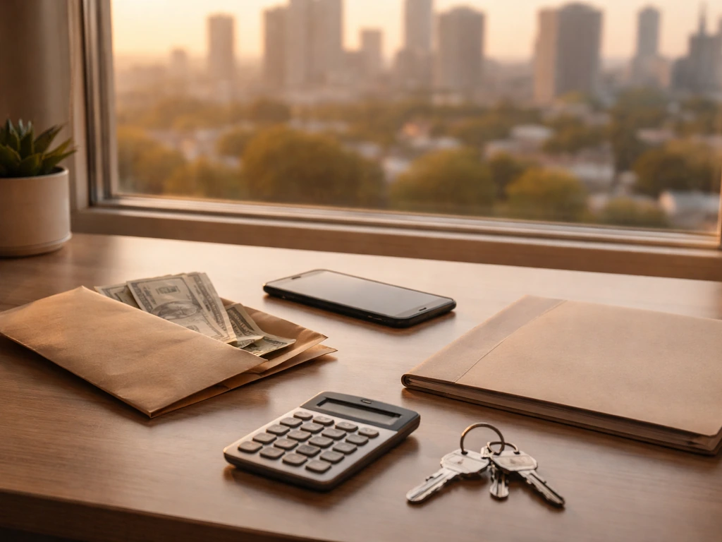 Minimal photo of a tidy office desk with a calculator, cash envelope, keys, and blurred city view symbolizing net worth.