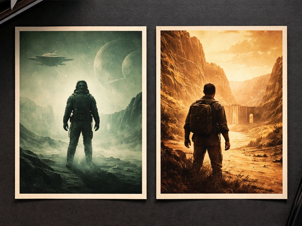 Two vintage-style poster tiles on a dark desk showing anonymous sci-fi and adventure silhouettes.