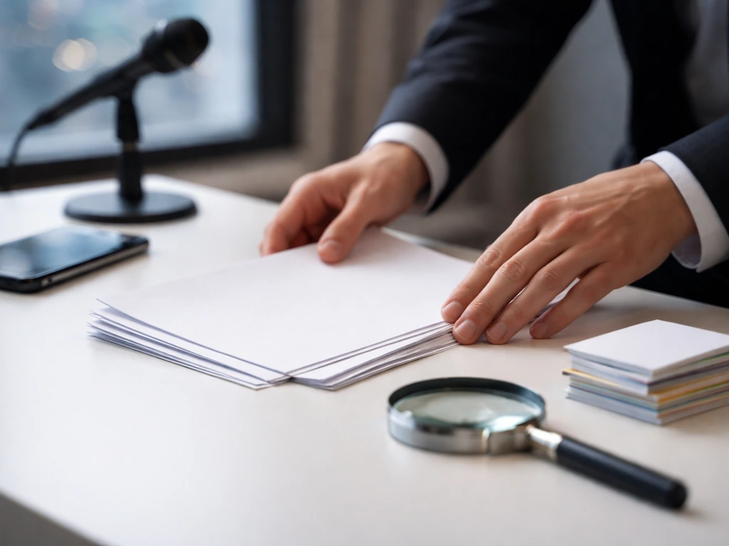 Hand placing printed pages beside a smartphone showing a simple checklist for due diligence and verification.