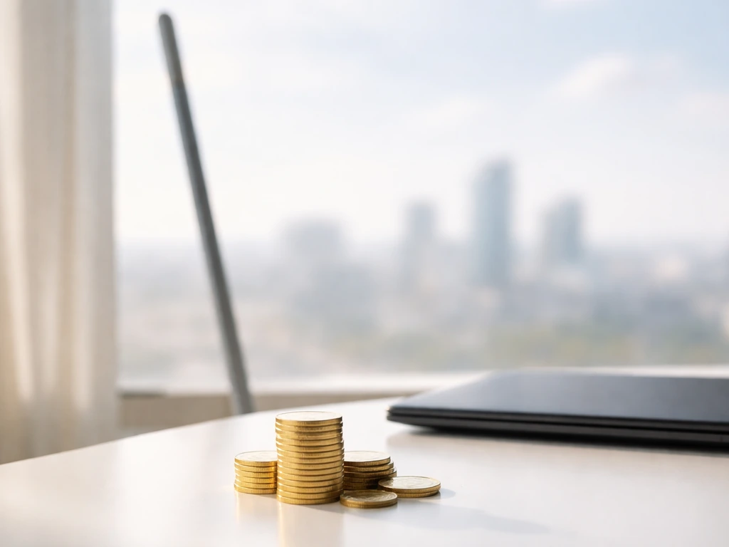 Minimal desk scene with a vault pole silhouette and a few gold coins, symbolizing Sergey Bubka’s net worth estimate.