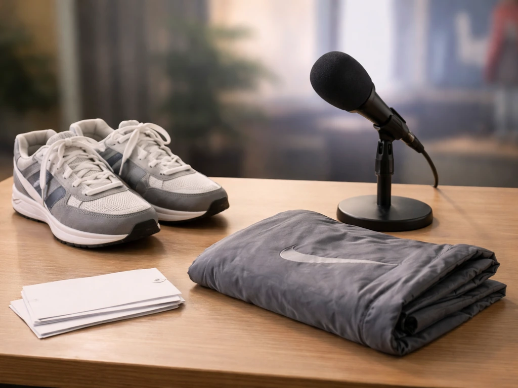 A minimalist studio desk with a microphone and sports gear, suggesting sponsorship and media exposure