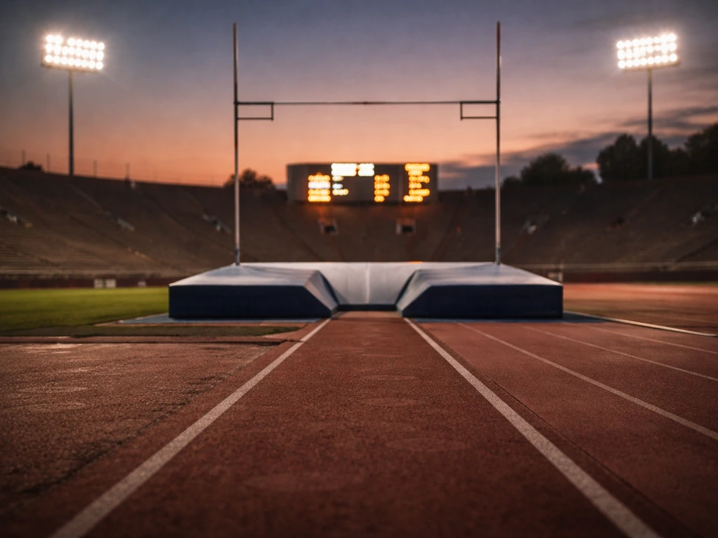 Track-and-field stadium at dusk with empty pole vault runway and a scoreboard-like electronic display glow