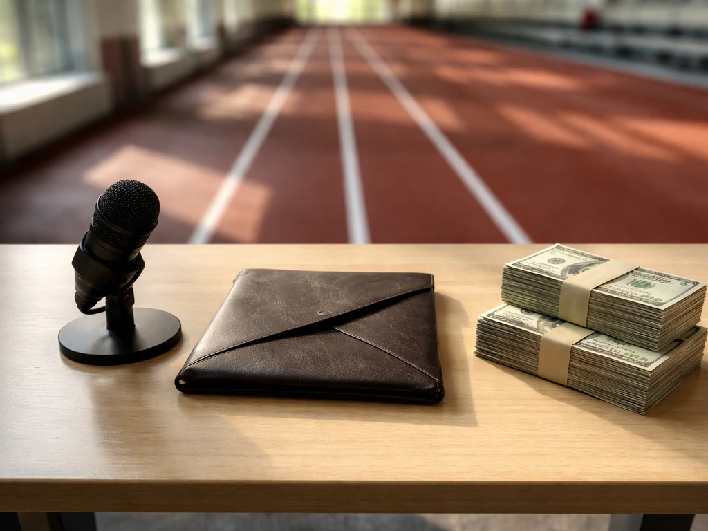 Minimal studio scene with microphone, running track lane markings, and a cash-like envelope symbolizing athlete income
