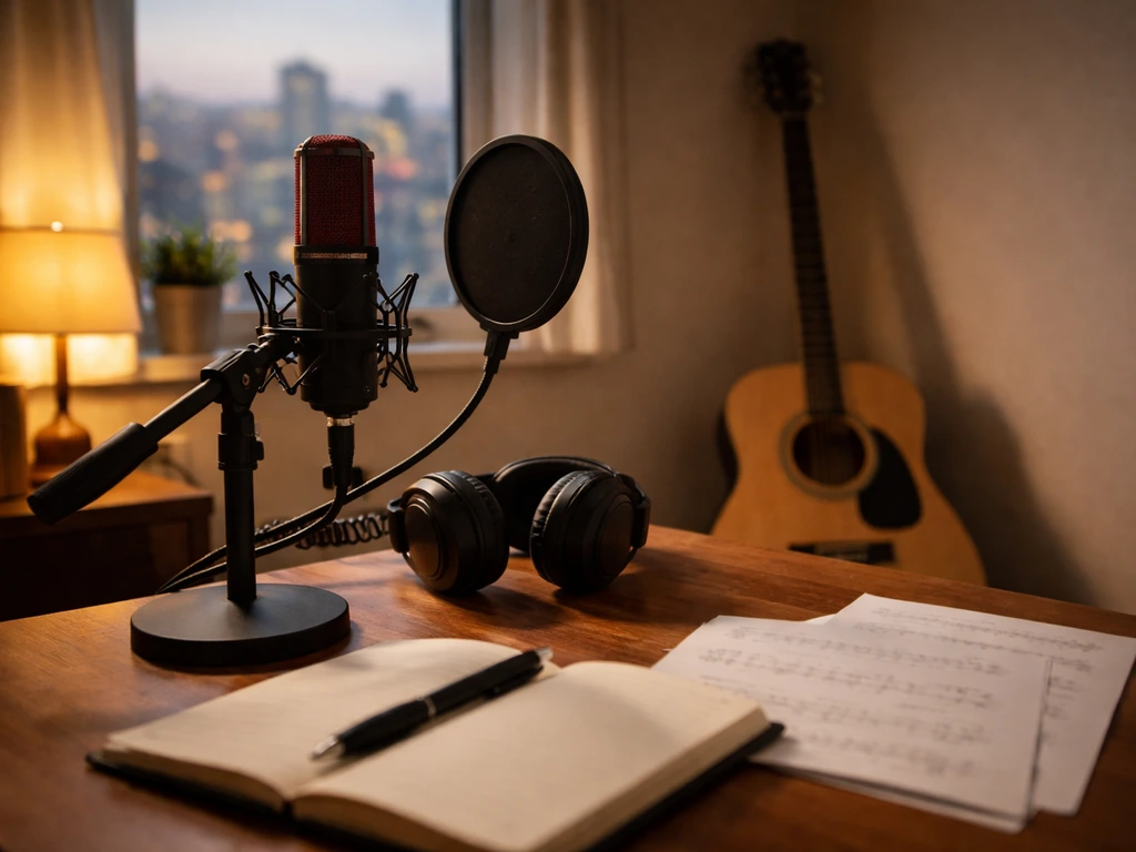 Minimal home studio scene with microphone, headphones, and blurred skyline at dusk, suggesting music and media.