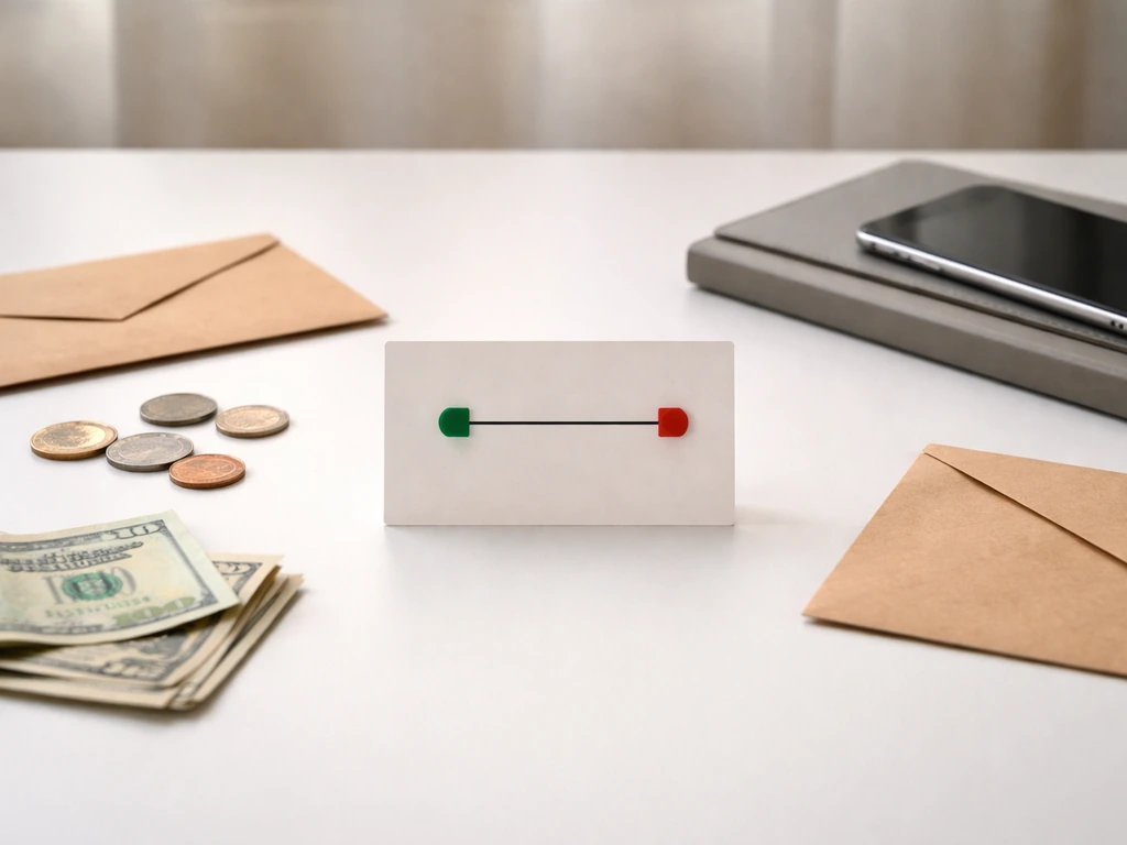 Minimal photo of a freelancer-style desk with a calculator, money, and a small range scale card between two envelopes.