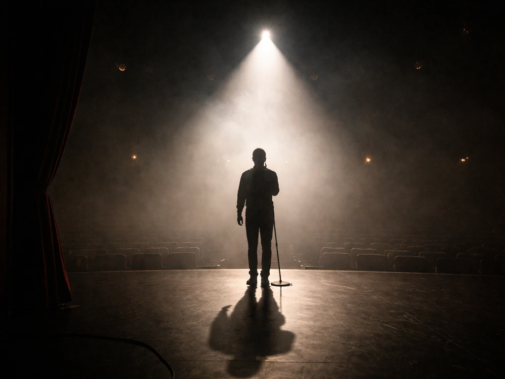 Silhouette performer under a bright stage spotlight with light haze and empty dark seating behind