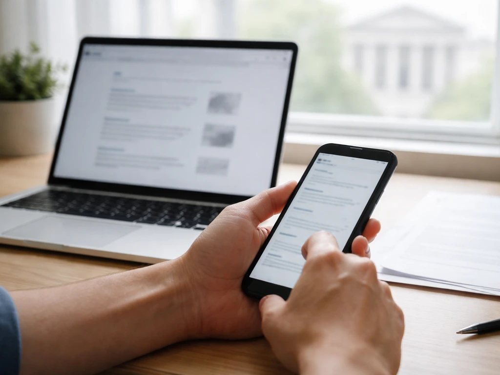 Hands using phone and laptop on a desk with blank documents, suggesting fact-checking public records.