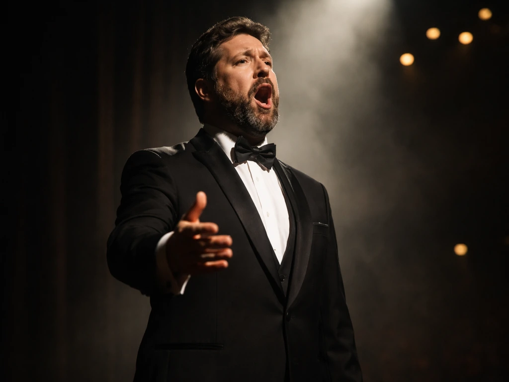 Anonymous opera bass singer performing in a spotlight on a dark stage with warm bokeh lights.