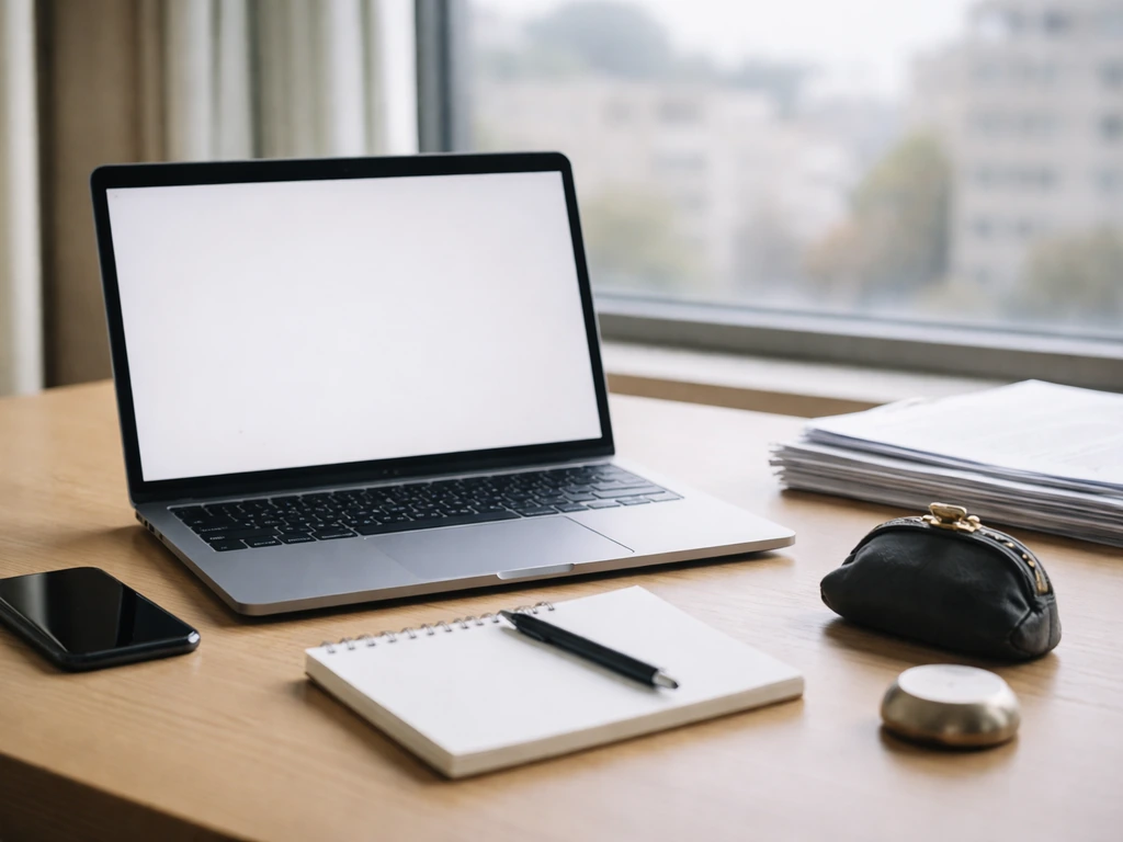Minimal desk scene with laptop, documents, and coins symbolizing how an estimate is compiled.
