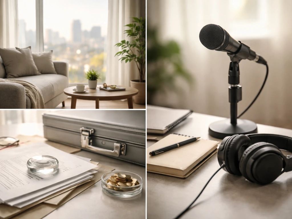 Minimal collage of a home corner, unbranded finance desk items, and a studio microphone for asset categories.
