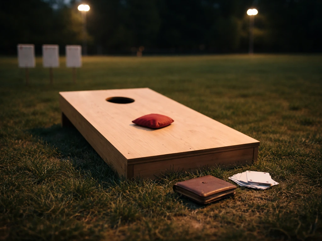 Cornhole court under evening lights with a nearby cash-themed prop, symbolizing sports earnings and net worth.