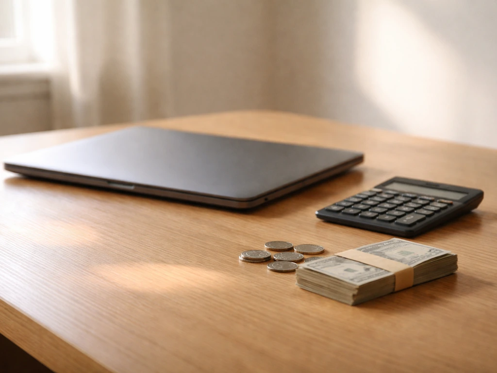Minimal photo of a tidy desk with a calculator and scattered coins, symbolizing a net worth range estimate.