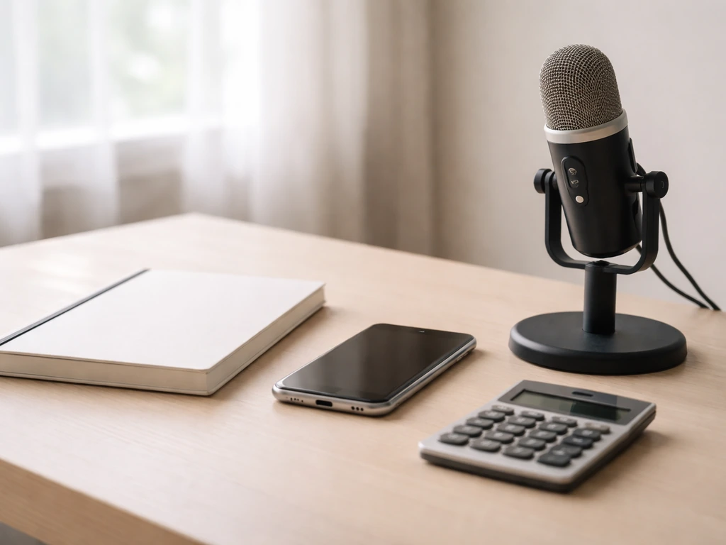 Minimal office desk scene with a notebook, smartphone, and calculator beside a microphone for earnings and media proxies