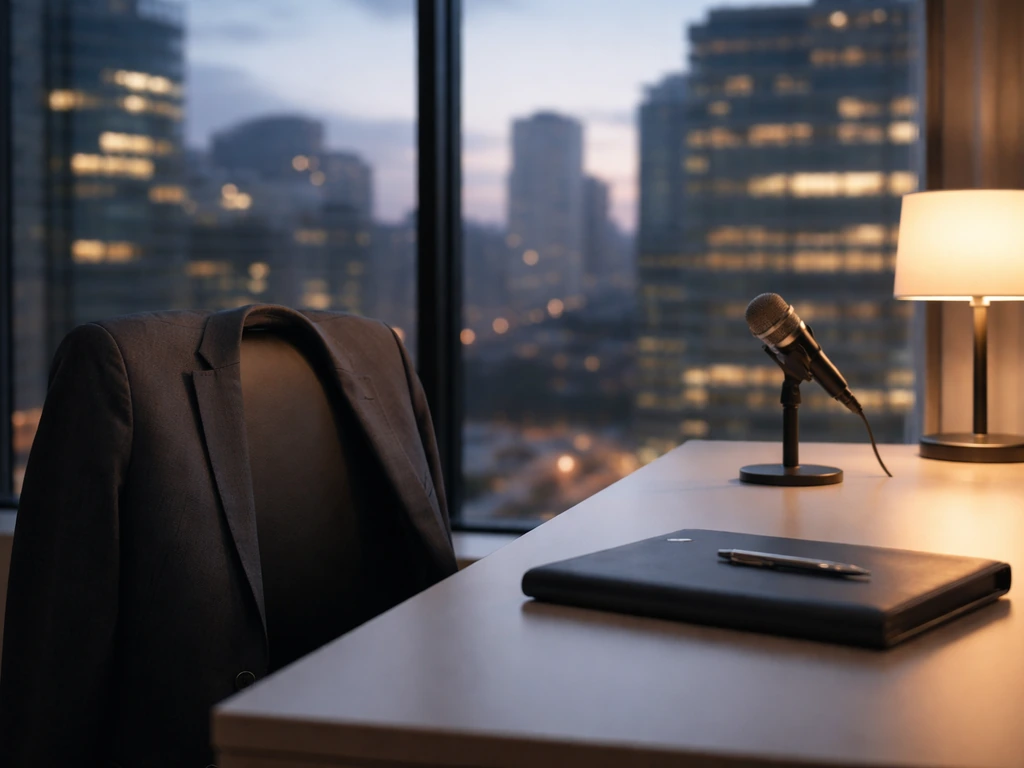 Minimal office scene with a suit jacket on a desk, skyline view, and a muted smartphone—symbolic executive wealth focus.