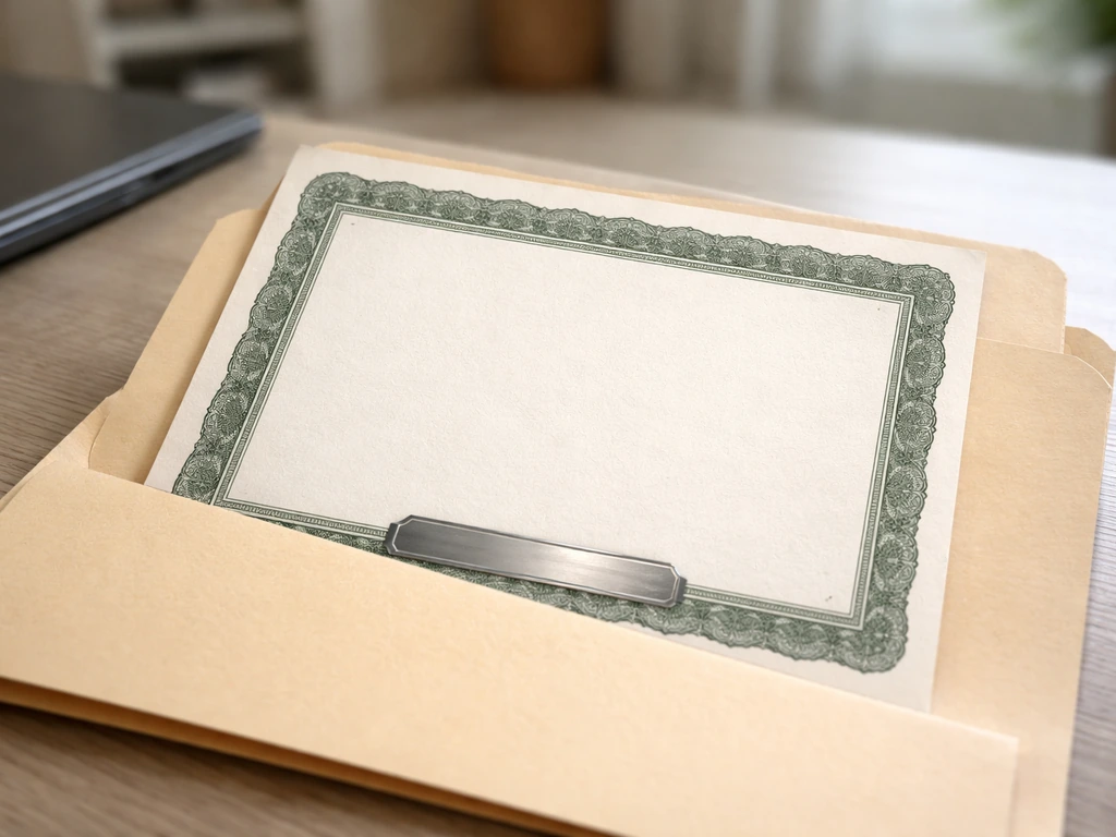 Close-up of an unmarked stock certificate folder beside a laptop, evoking Chemung Financial Corp share ownership.