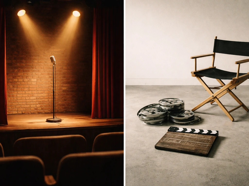 1970s stand-up stage lights with film clapperboard and vintage theater seats in a quiet studio setting