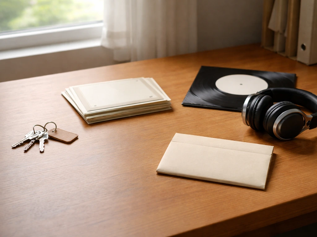 A minimal desk scene with keys, blank investment papers, a vinyl sleeve, and a retirement envelope in soft daylight.