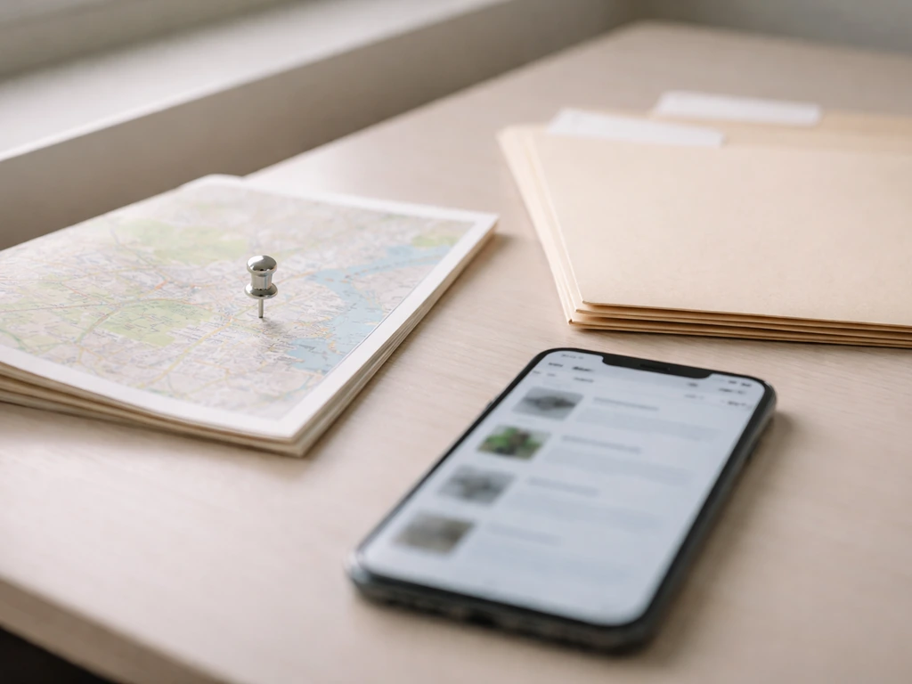 Close-up of a map pin on a desk beside printed property-record folders and a smartphone search screen.