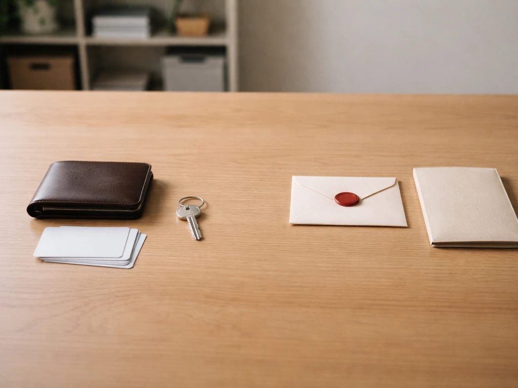 Minimal desk scene with objects suggesting assets and liabilities, split by space.