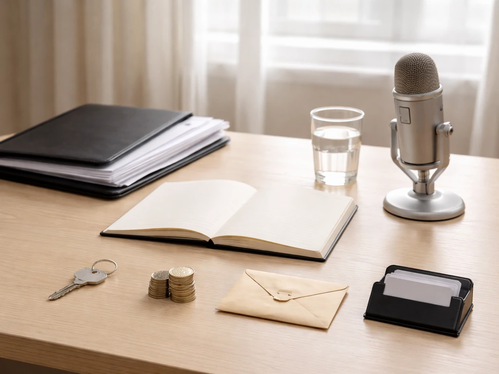 Minimal accountant desk with documents, microphone, and small real-estate/investment objects in soft daylight.