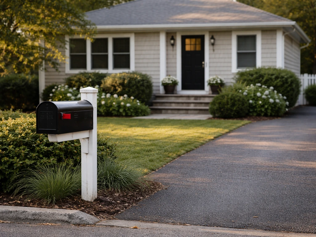 Quiet Westport house entrance and driveway with a mailbox by the curb, no people.
