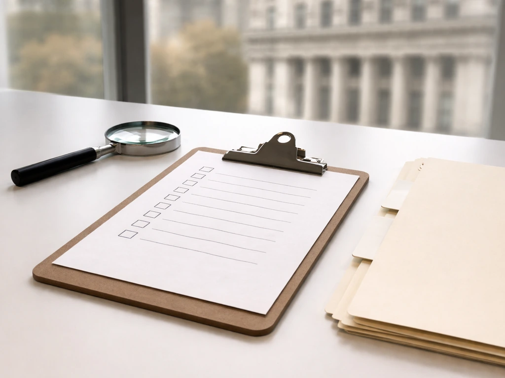 Clipboard with checkboxes, magnifying glass, and folder on a desk near a window with blurred government building.