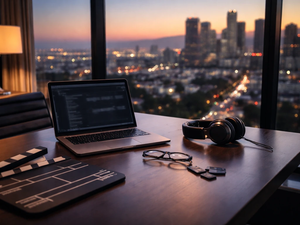 Dimly lit Hollywood office with a single office desk and a Netflix-style entertainment vibe