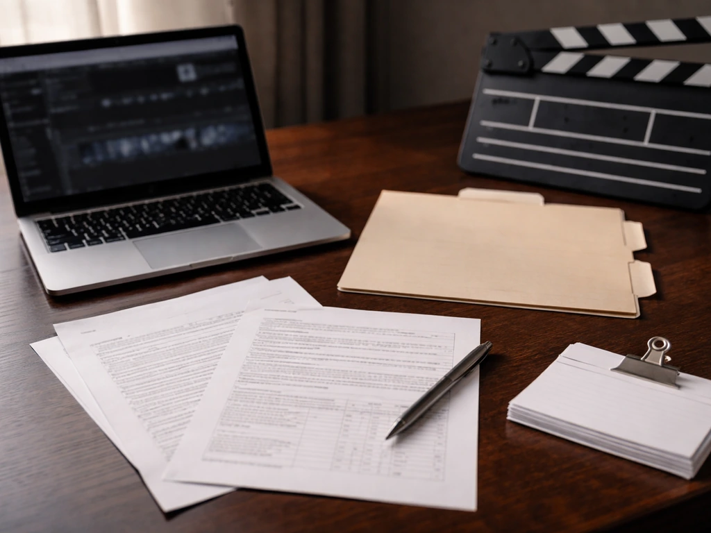 Minimal desk scene with contract papers, film clapper, and laptop suggesting entertainment executive compensation.