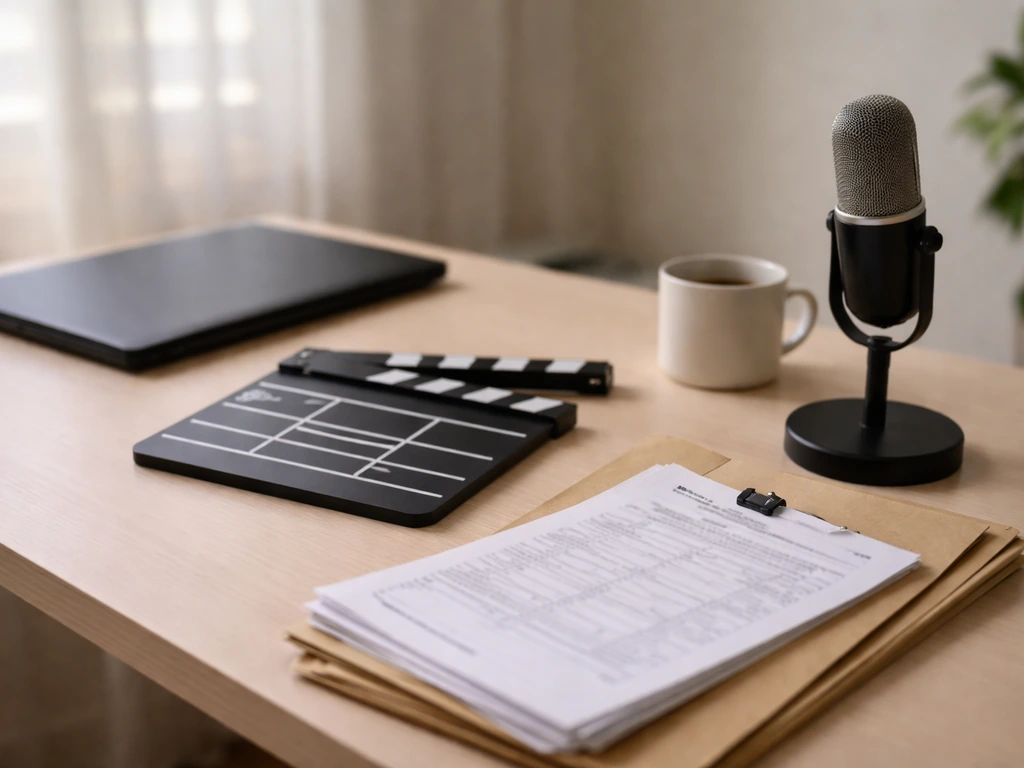 Minimal desk scene with a clapperboard, stacked production papers, and a studio mic base in natural light.