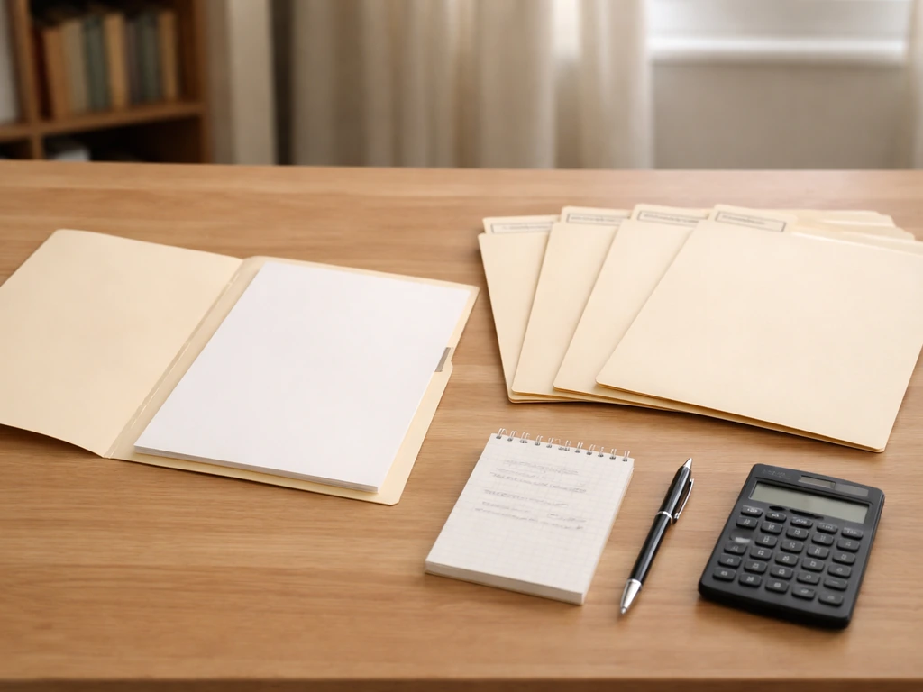 Minimal home office desk with calculator and uncategorized folders for verifying financial inputs.