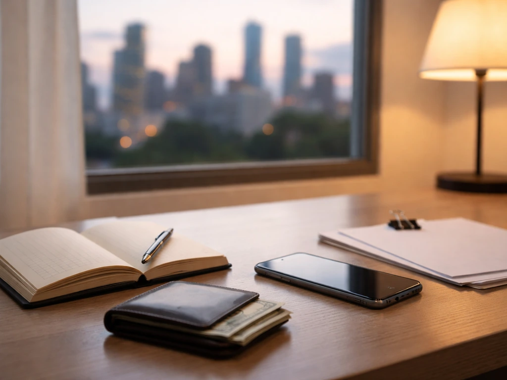 Minimal office desk scene with wallet, cash, notebook, and blank papers symbolizing net worth drivers.